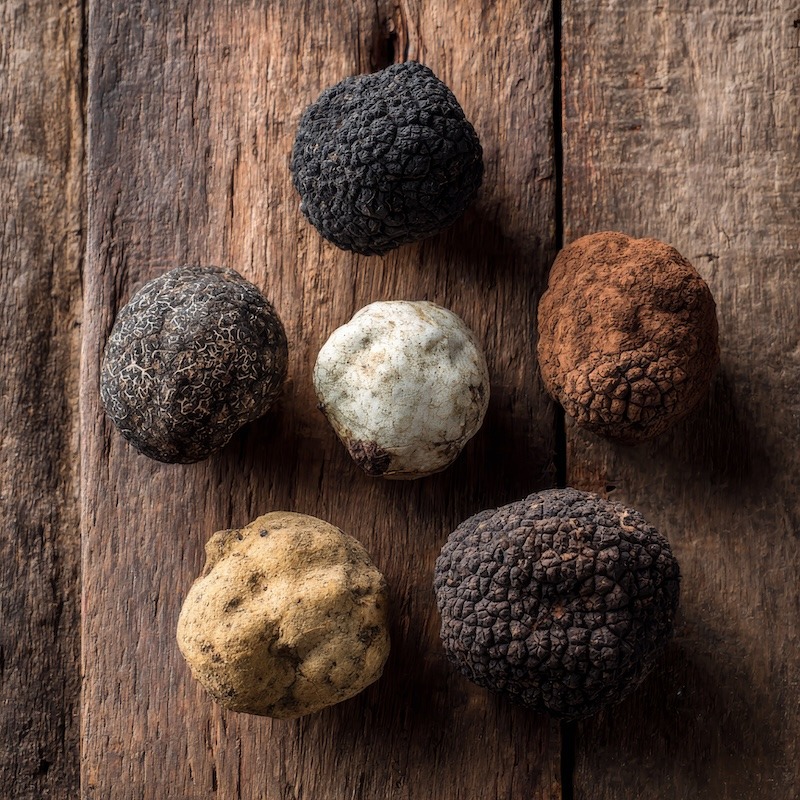 Earthy gourmet truffles on a rustic wooden board.