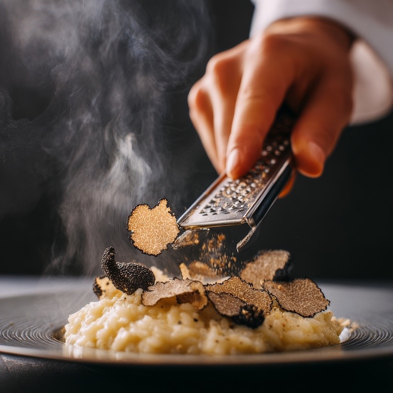 A chef's hand using a truffle shaver to shave fresh black truffles over a creamy risotto.