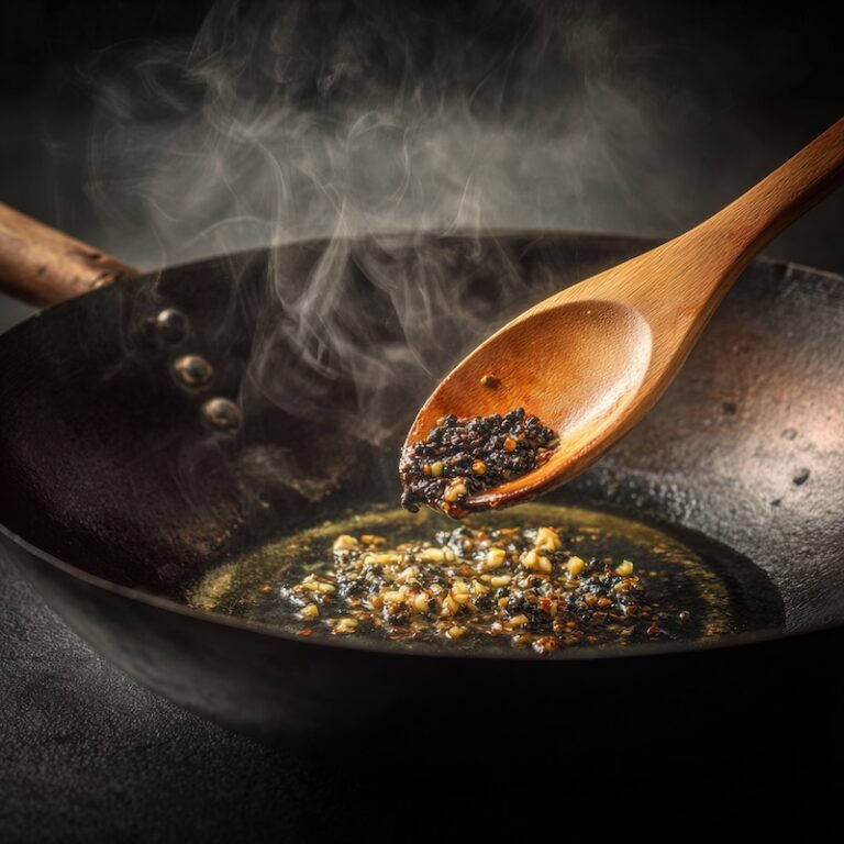 A wooden spoon pressing a small amount of black bean sauce into a hot cast iron wok