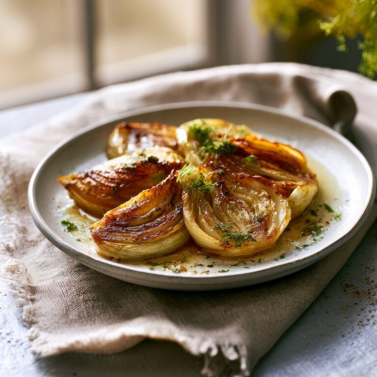 A finished braised fennel dish, deeply caramelized wedges glazed in a light pan sauce