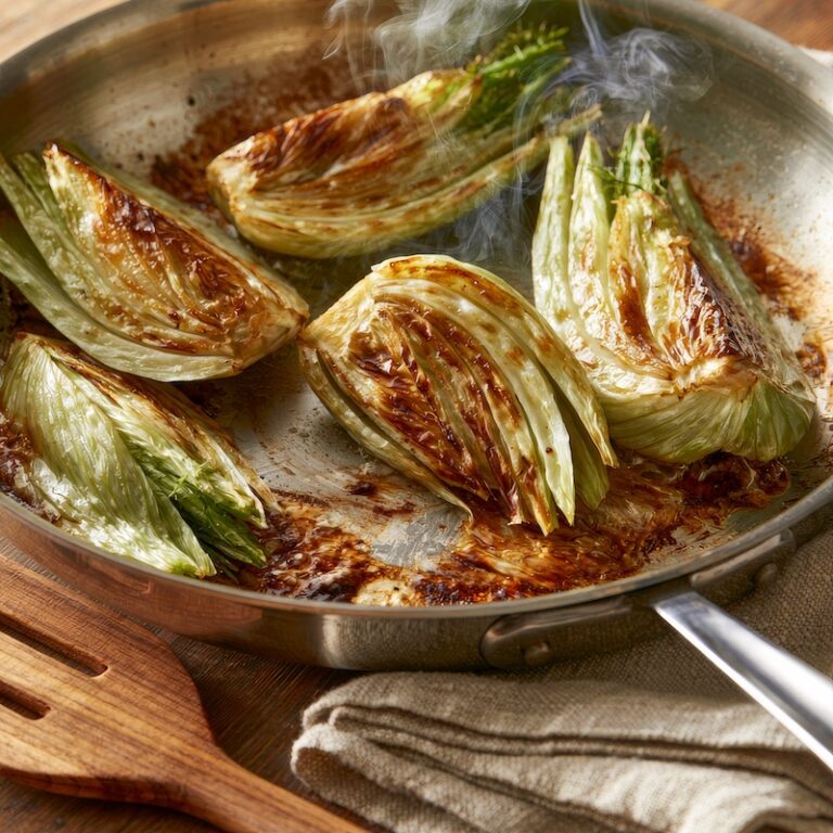 fennel wedges searing cut-side down in a stainless steel pan