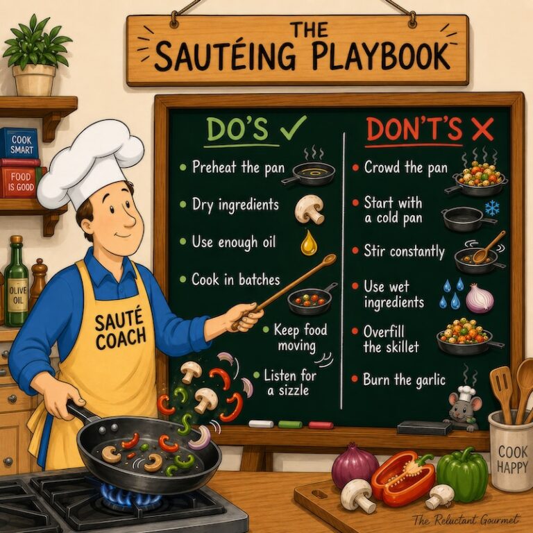 A cartoon of do's and don'ts when sauteing