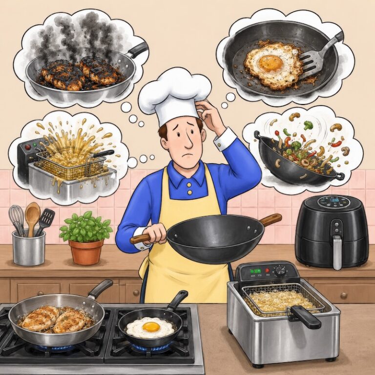 A cartoon of the Reluctant Gourmet thinking about what can go wrong when frying