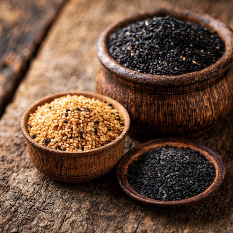 A small wooden bowl of toasted sesame seeds