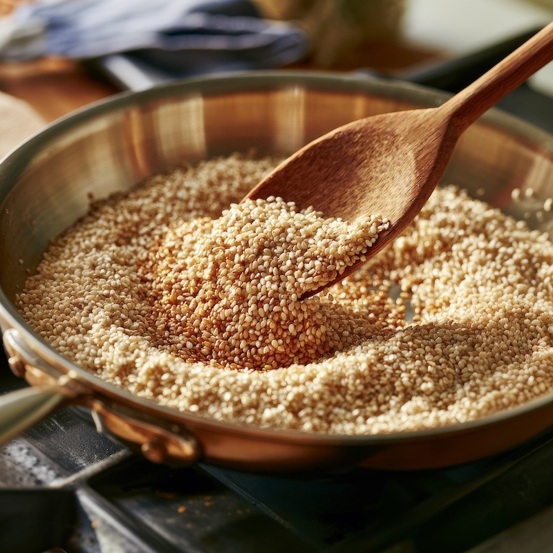 Sesame seeds toasting in a dry stainless steel skillet