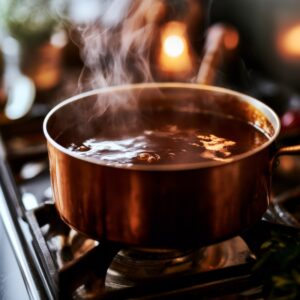A pot of dark, glossy brown sauce reducing on the stove