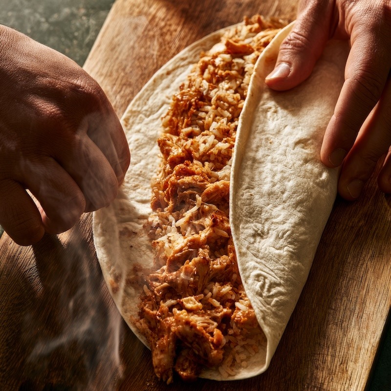 folding an open-ended burrito on a wooden cutting board