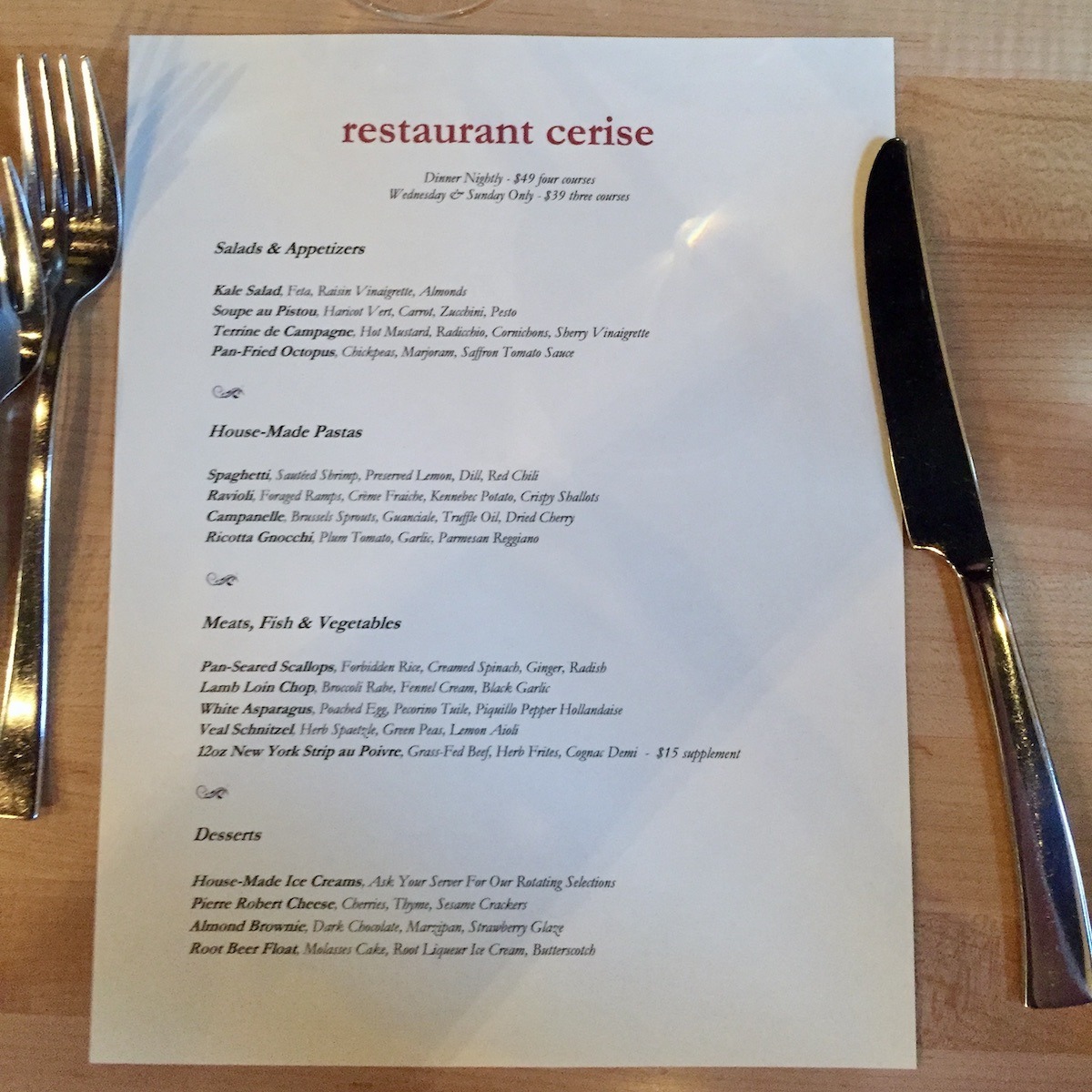 A La Carte Menu