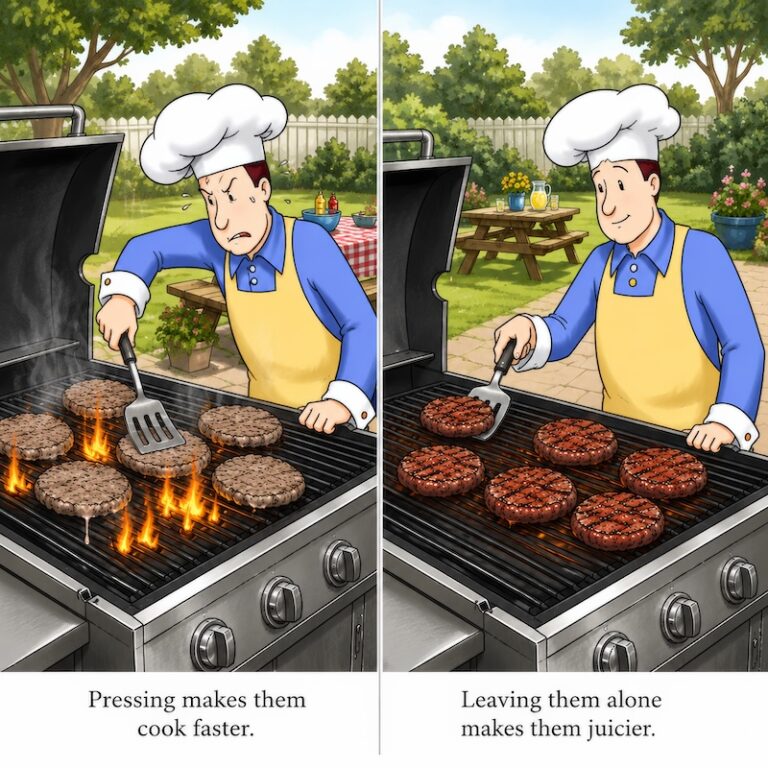 Cartoon of the Reluctant Gourmet grilling burgers.
