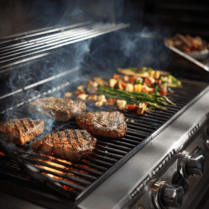 A gas grill loaded up with meats and vegetables