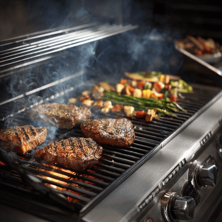 A gas grill loaded up with meats and vegetables