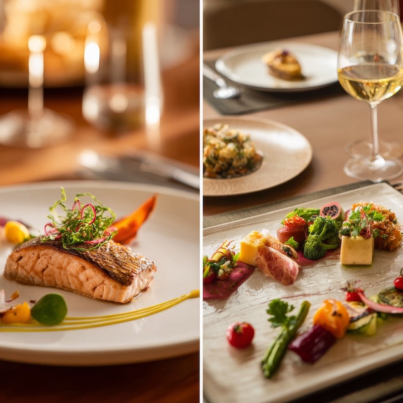Side-by-side comparison of two restaurant meals: on the left, a single plated dish with a few items (Ã  la carte), on the right, a full multi-course elegant meal with appetizer, main, dessert (prix fixe)