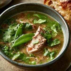 A bowl of turkey soup with fresh cilantro and bright green snap peas