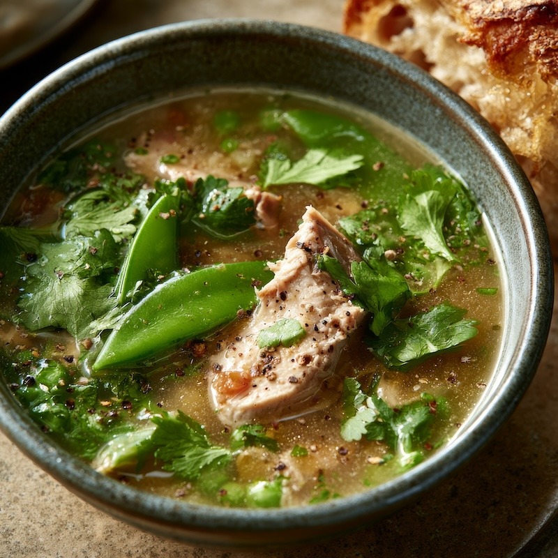 A bowl of turkey soup with fresh cilantro and bright green snap peas