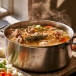 A large stockpot filled almost to the top with golden turkey broth