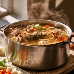 A large stockpot filled almost to the top with golden turkey broth