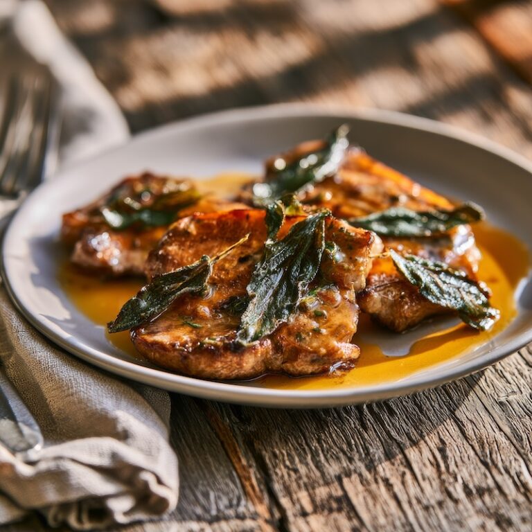 A finished plate of roasted squash or pork drizzled with brown butter and crisped sage leaves