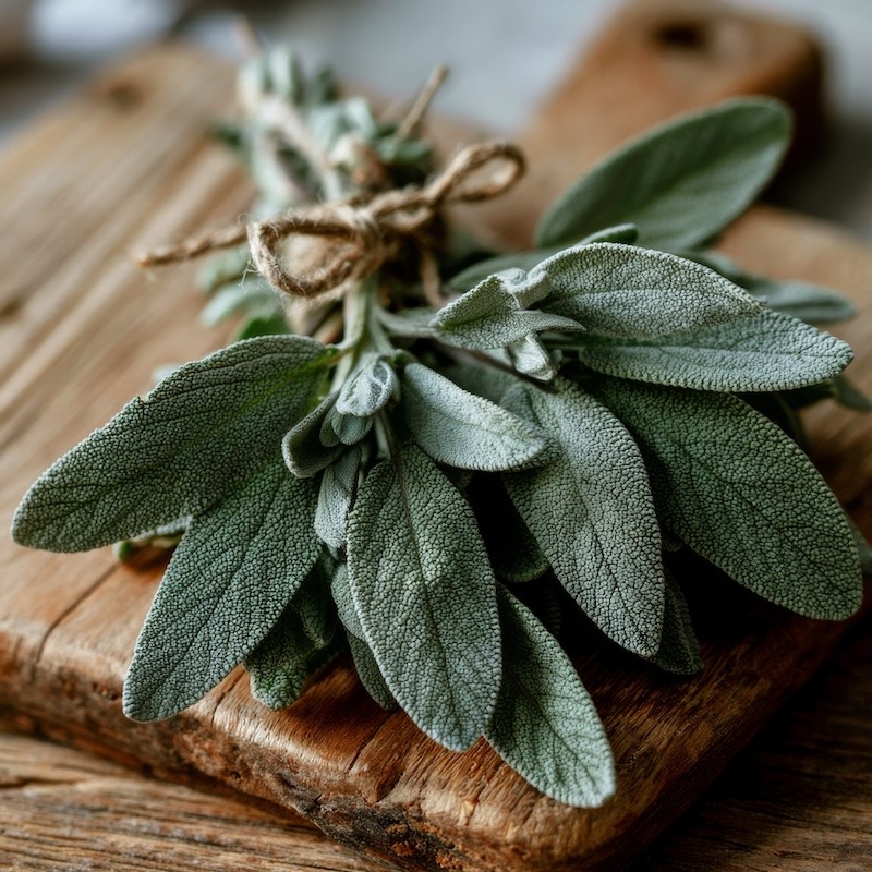 A small bundle of fresh whole sage leaves