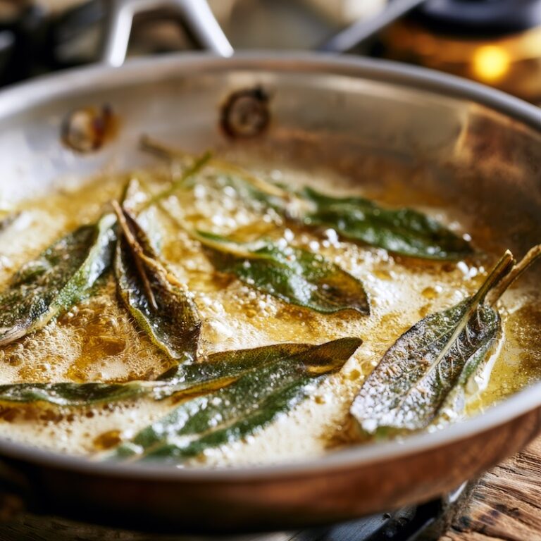 Whole sage leaves frying in butter in a stainless steel pan