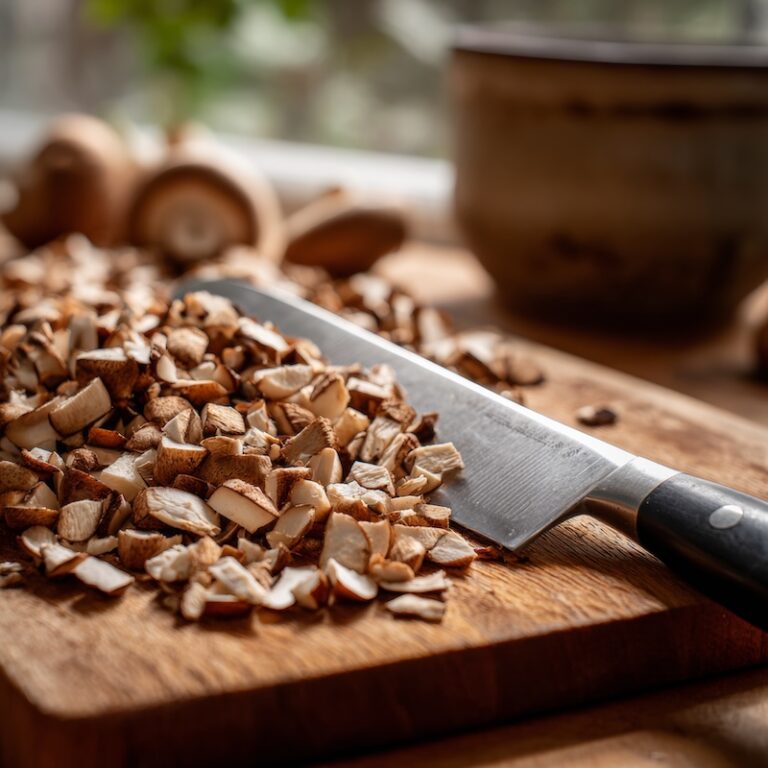 a wooden cutting board covered with finely chopped cremini mushrooms