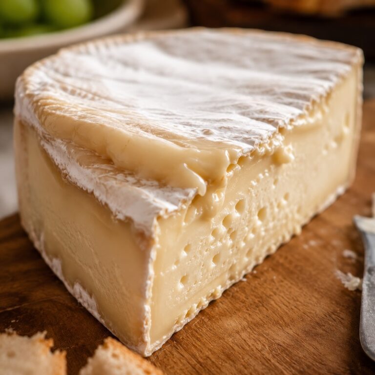 Ripe brie cheese, bulging and with a slightly weeping rind