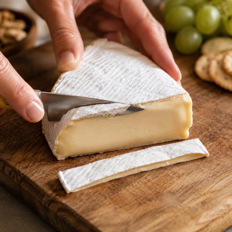Slicing rind off brie cheese
