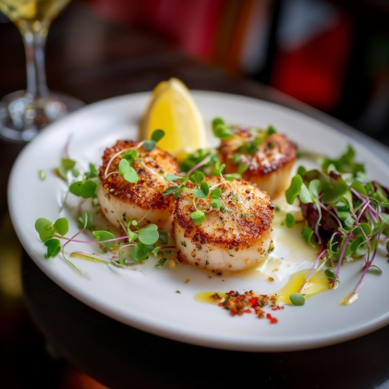 A small elegant plate of perfectly seared sea scallops