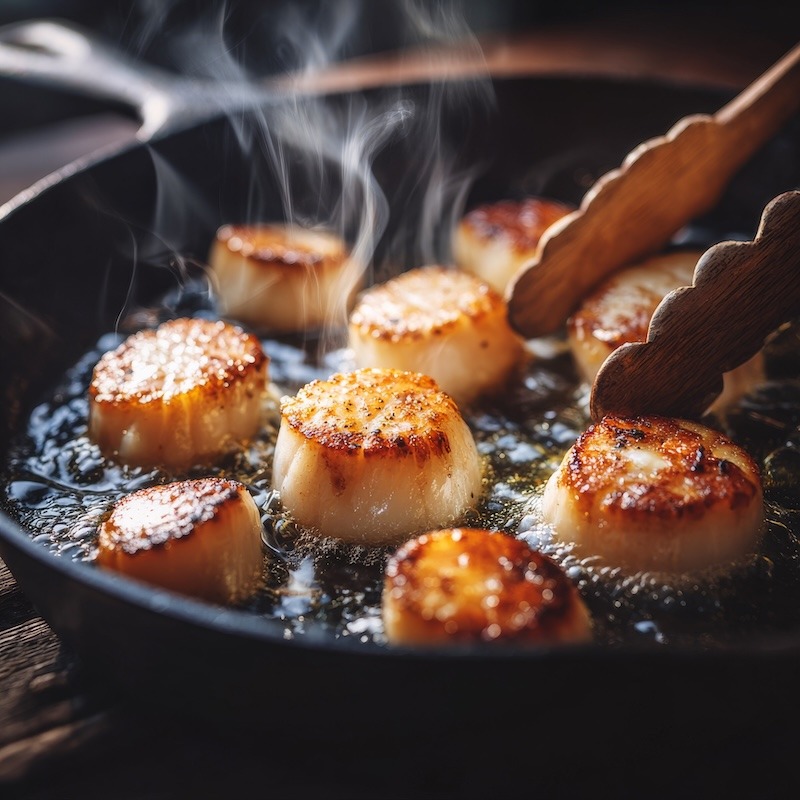 Sea scallops searing in a hot cast-iron skillet.