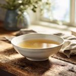 A clear, golden chicken broth in a white ceramic bowl on a wooden countertop.