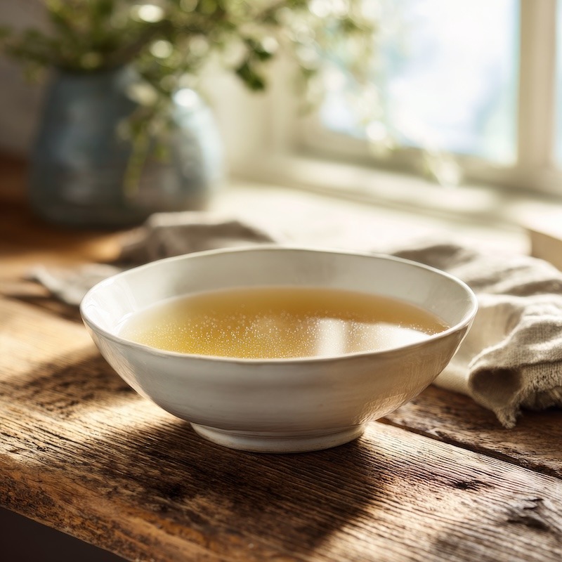 A clear, golden chicken broth in a white ceramic bowl on a wooden countertop.