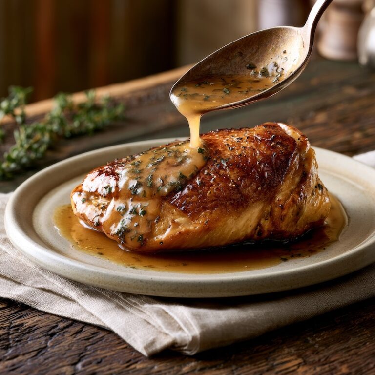 A finished pan sauce being spooned over a seared chicken breast on a simple ceramic plate