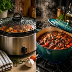 A slow cooker and dutch oven side by side
