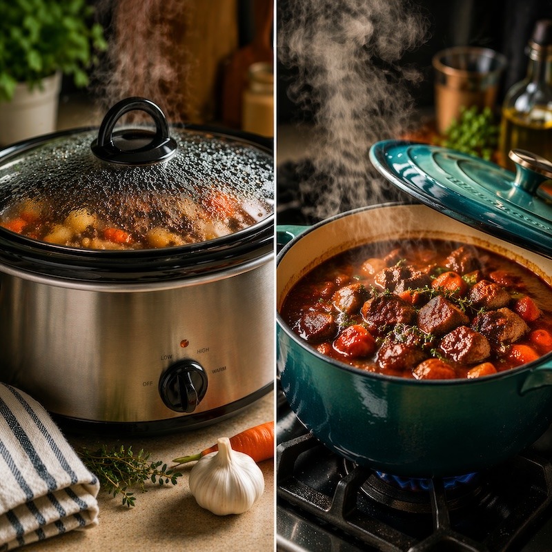 A slow cooker and dutch oven side by side