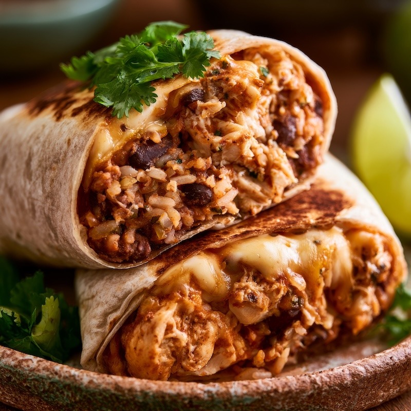 large closed-ended burrito cut in half on a rustic plate