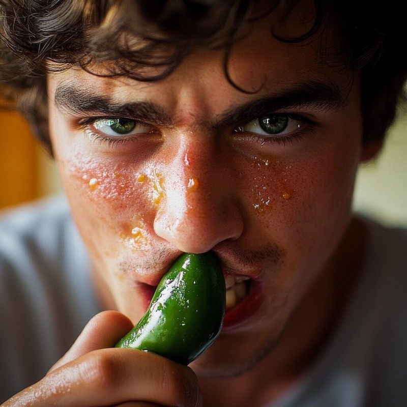 A young man eating jalapeno peppers and sweating