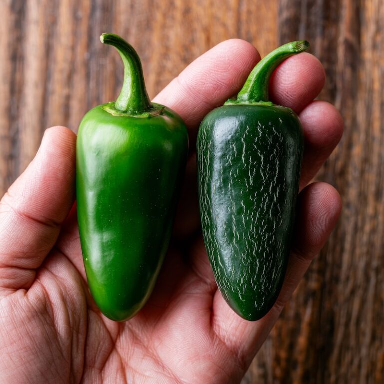 A hand holding two jalapeno peppers side by side for comparison