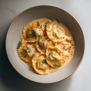 Ravioli tossed in a smooth carrot-and-fennel cream sauce.