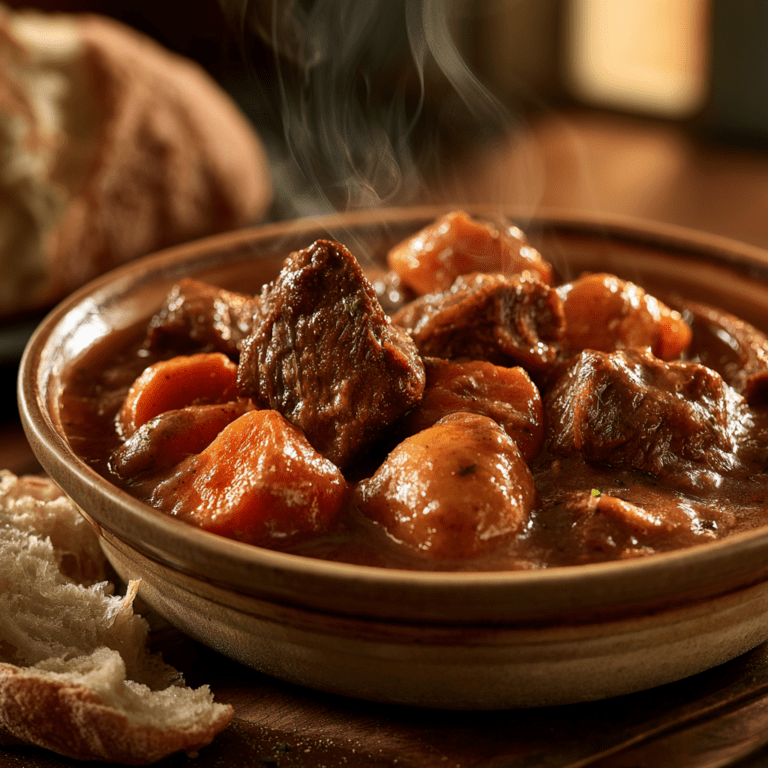 A finished bowl of beef stew