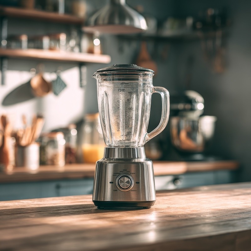 A common countertop blender in a modern kitchen, clear glass pitcher with measurement markings.