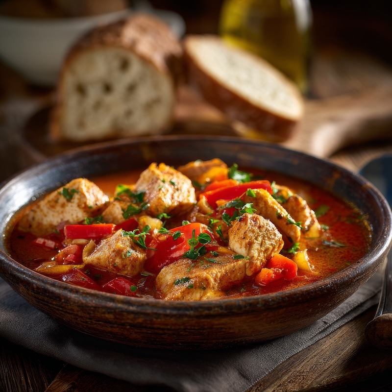 Classic chicken goulash in a rustic bowl, tender chicken pieces simmered with paprika-spiced sauce, onions, red bell peppers, and fresh herbs