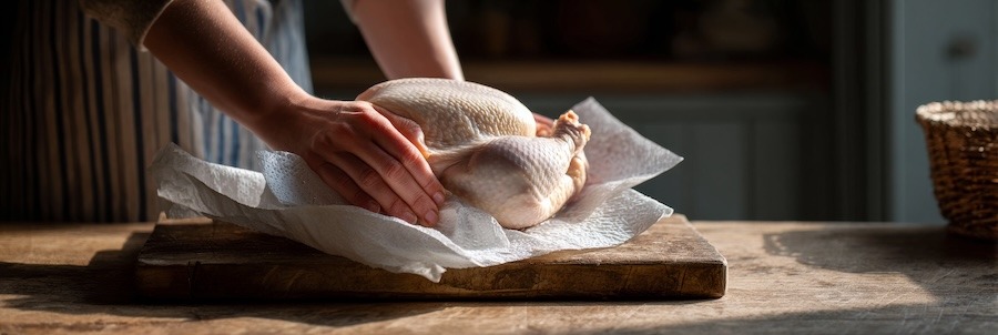 Two hands pressing paper towels firmly against a raw whole chicken on a worn wooden cutting board