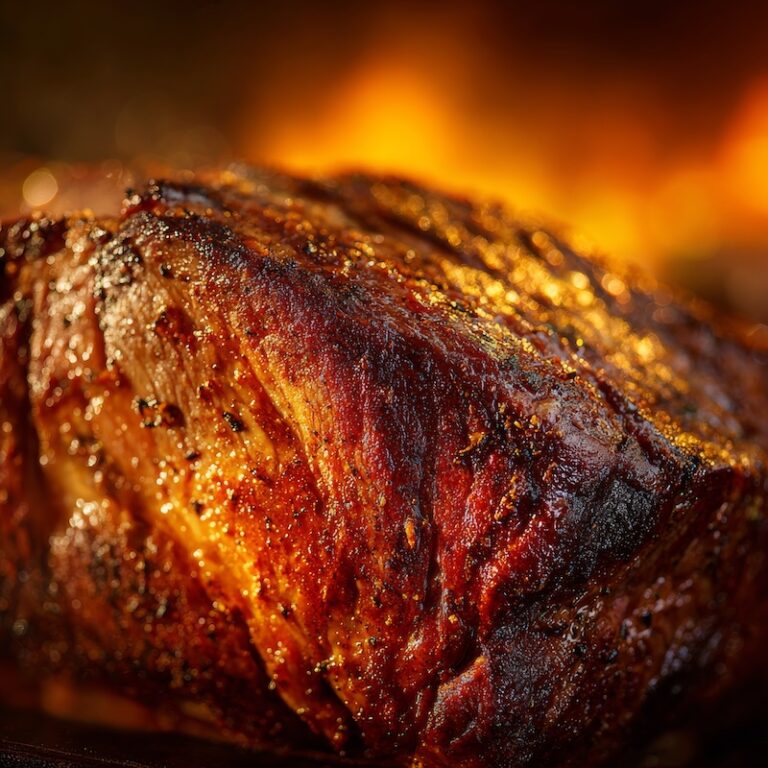 a beef roast surface mid-roast, deep mahogany-brown crust forming with visible texture and color variation