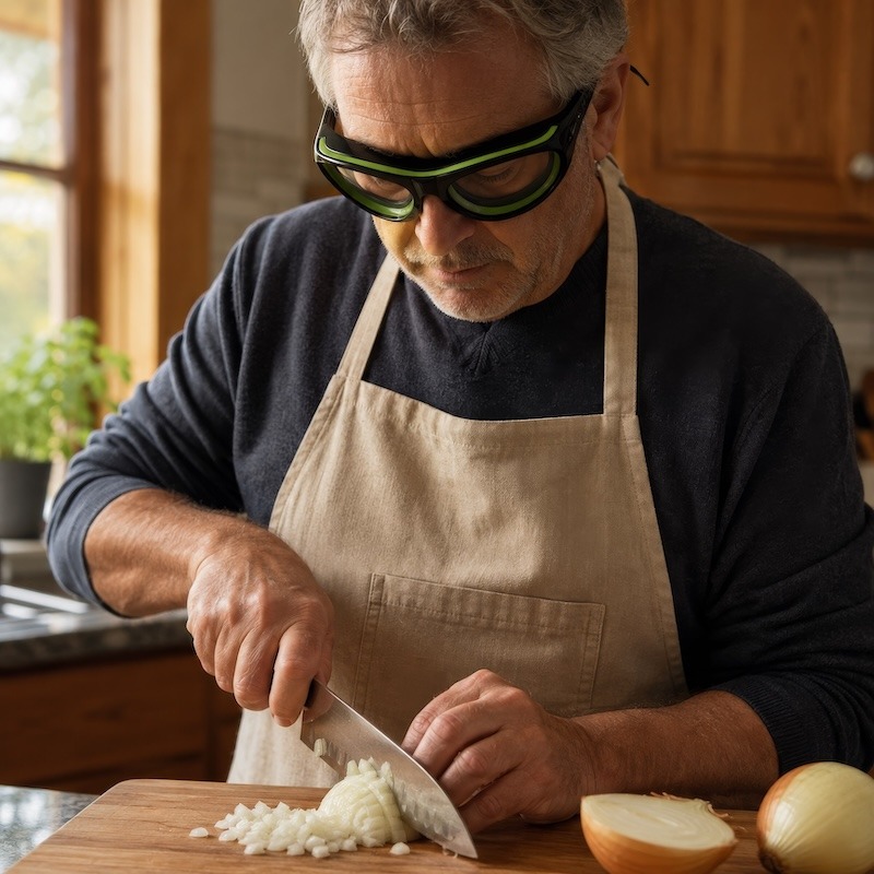 Dicing onion with onion goggles