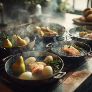 gently poaching ingredients in shallow simmering liquid