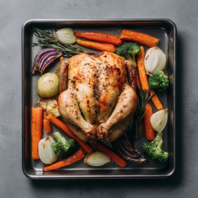 roasted chicken and vegetables on a clean sheet pan