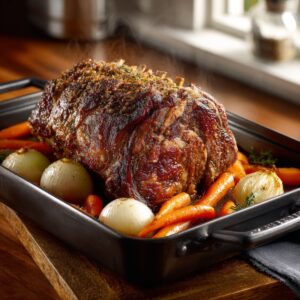 A large bone-in prime rib roast with a deep mahogany crust, elevated on a bed of whole carrots and halved onions in a heavy black roasting pan