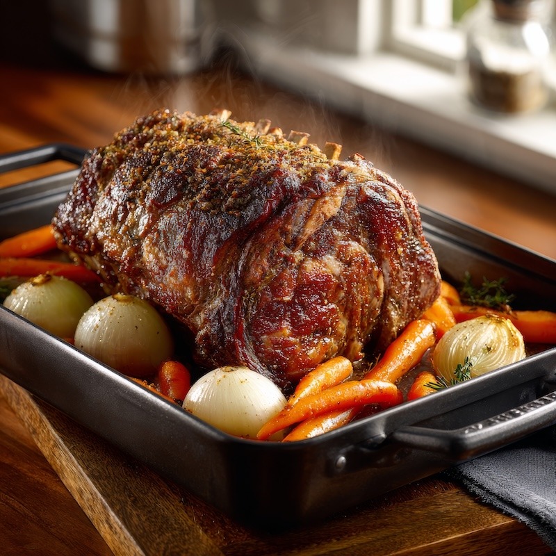 A large bone-in prime rib roast with a deep mahogany crust, elevated on a bed of whole carrots and halved onions in a heavy black roasting pan