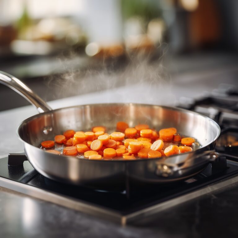 A stainless steel saute pan sauteing carrots