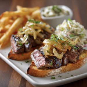 A leftover sliced steak sandwich with golden caramelized onions, served on crisp toast points