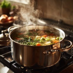 A large 8-quart soup pot on a gas stove